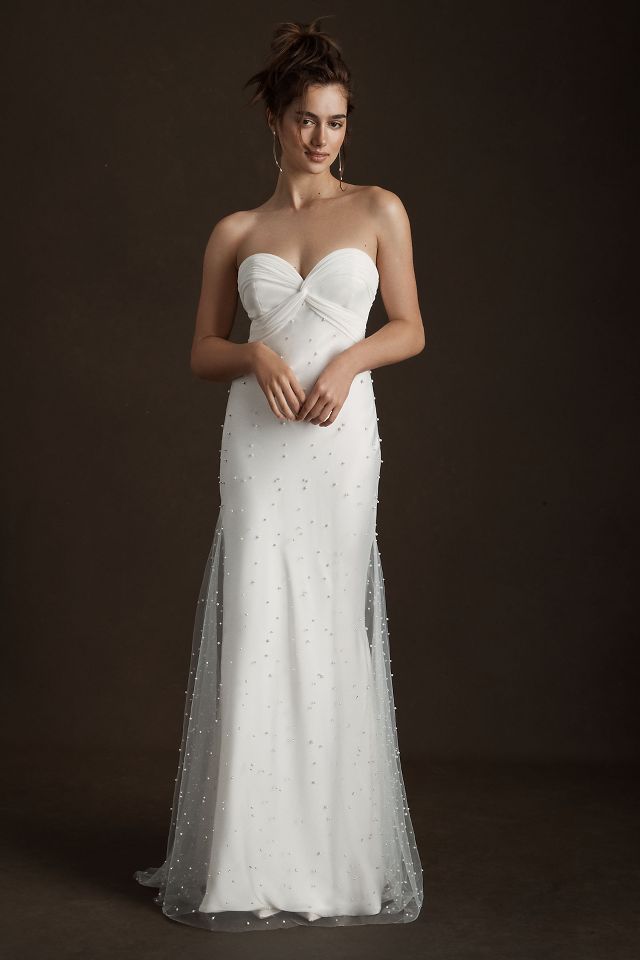 Savannah Miller Angeline Strapless Pearl Overlay Wedding Gown