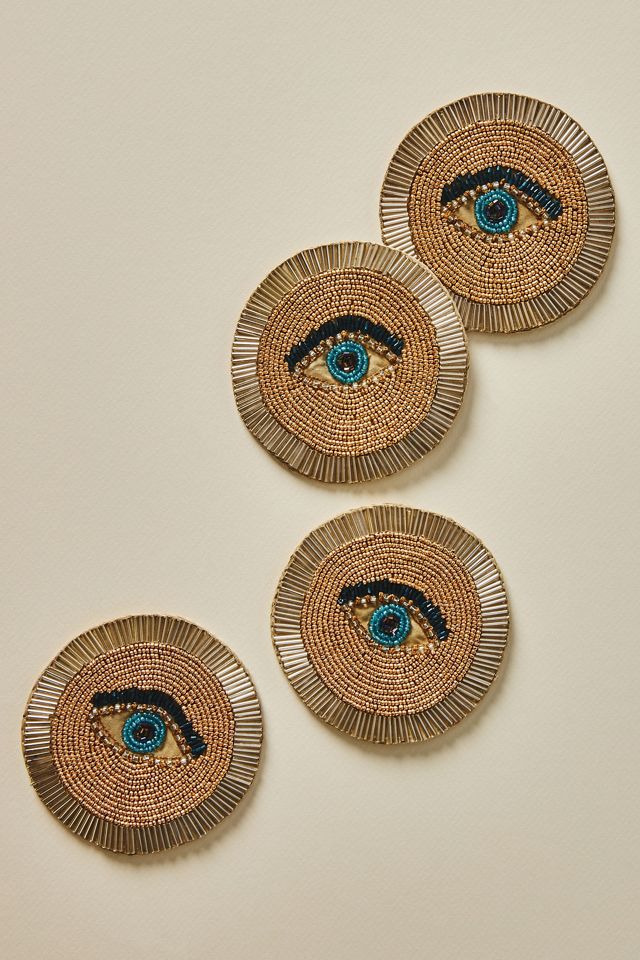 Blue Evil Eye Hand Embroidered Glass Bead Coasters, Set of 4 - Gifts With  Humanity