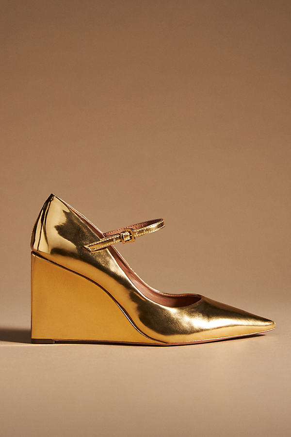 Maeve Mary Jane Patent Leather Wedge Heels In Gold