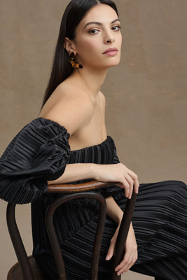 L'idée Sirene Off-shoulder Puff-sleeve Pleated Midi Column Dress In Black