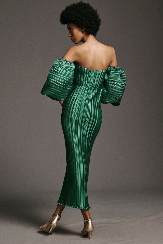 L'IDÉE Sirene Off-Shoulder Puff-Sleeve Pleated Midi Column Dress #2
