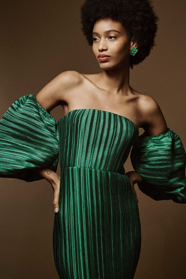 L'IDÉE Sirene Off-Shoulder Puff-Sleeve Pleated Midi Column Dress #1