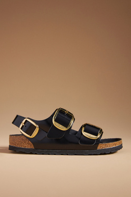 Shop Birkenstock Milano Big Buckle High Shine Sandals In Black