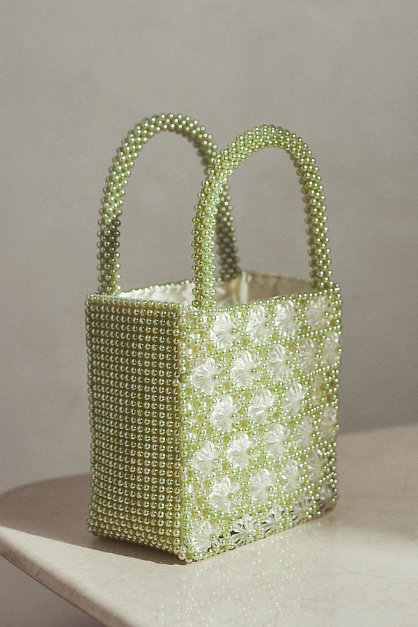 By Anthropologie Beaded Floral Mini Tote In Green