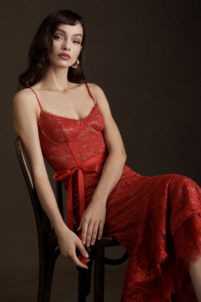 V. Chapman Naomi Stretch Lace Corset Flounce-Hem Midi Dress #2