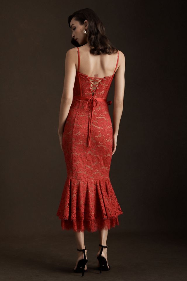 V. Chapman Naomi Stretch Lace Corset Flounce-Hem Midi Dress #3