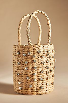 By Anthropologie Embellished Raffia Bucket Bag In Neutral