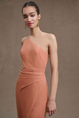 Bhldn Chloe One-shoulder Side-slit Georgette Gown In Pink
