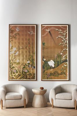 Golden Chinoiserie Floral Bird Wall Art