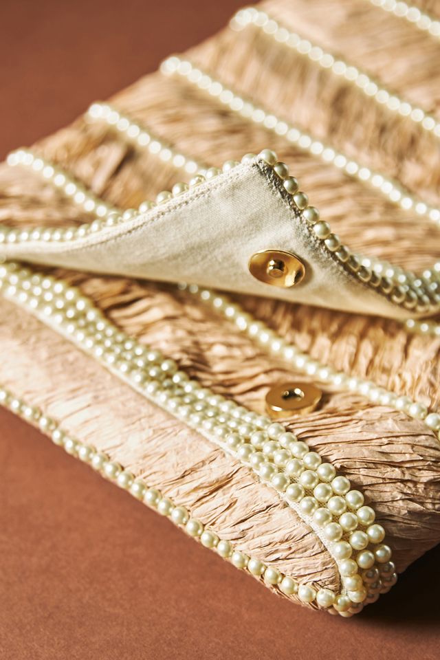 Raffia Pearl-Embellished Clutch