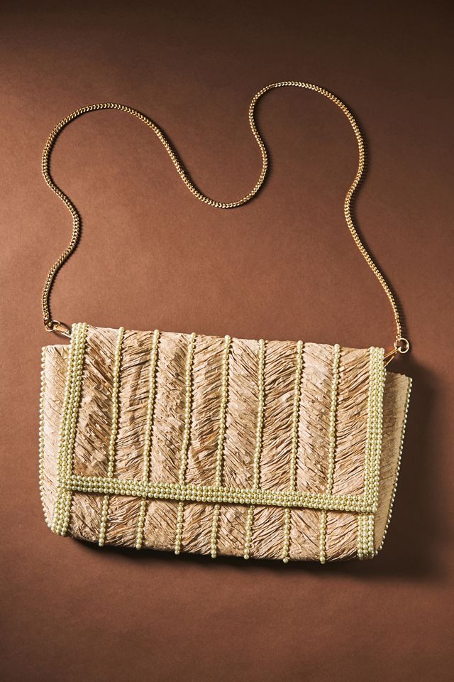 Raffia Pearl-Embellished Clutch