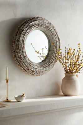 Terrain Beaded Round Wall Mirror In Gray