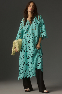 By Anthropologie Floral Eyelet Kaftan In Blue