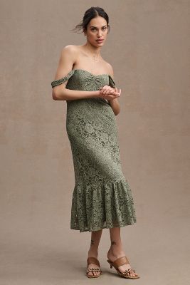Bhldn Phoebe Off-shoulder Lace Midi Dress In Green