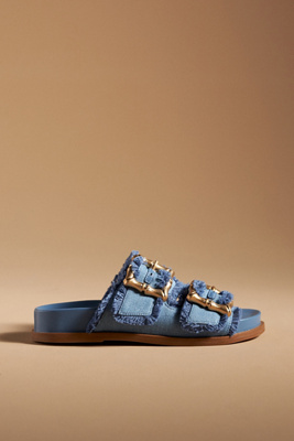 Schutz Enola Frayed Dual-buckle Slide Sandals In Blue