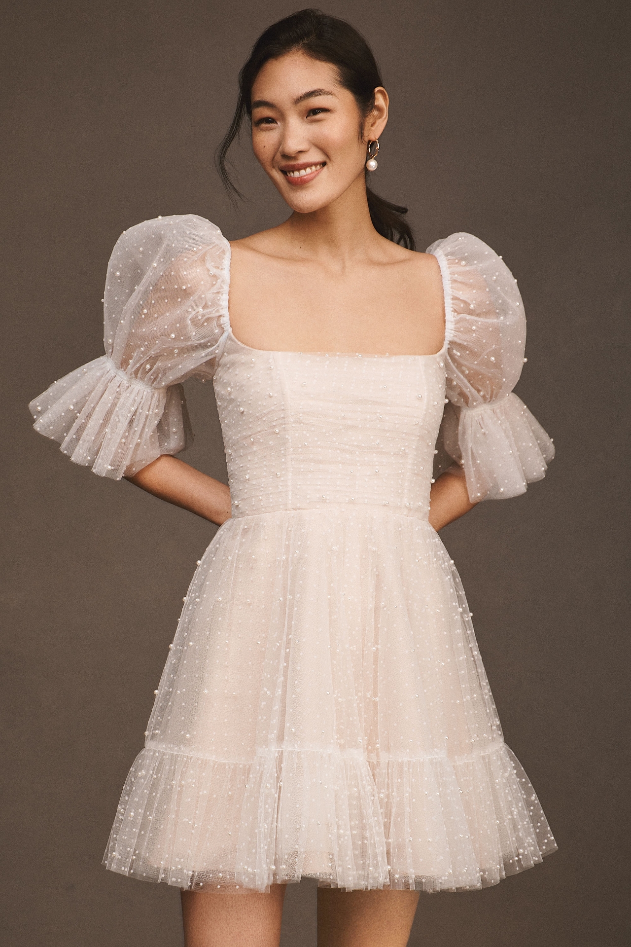 By Watters Macaron Square-Neck Tulle Embellished Mini Dress