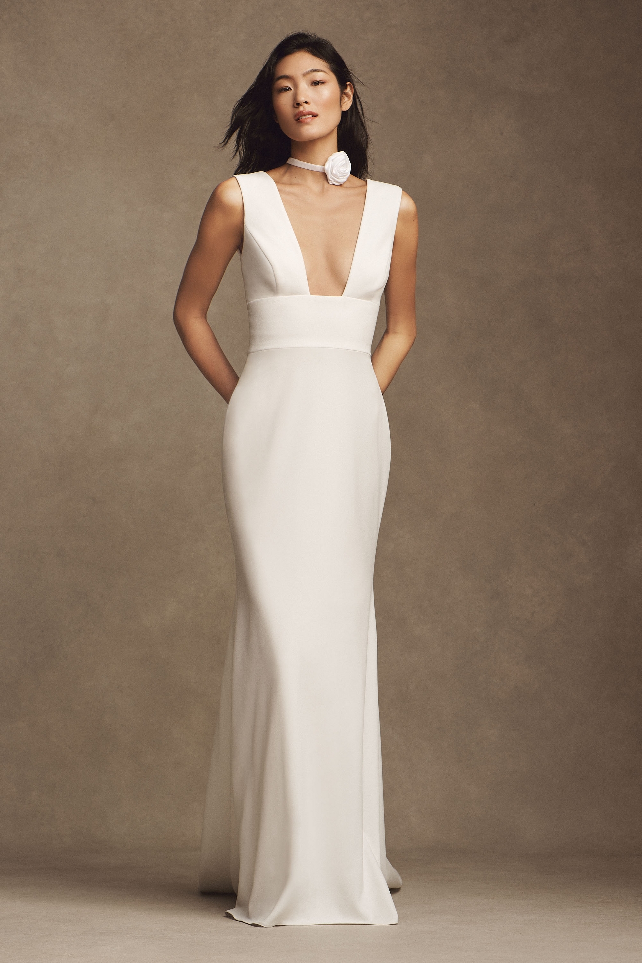 Wtoo by Watters Chloe Sleeveless Plunge Crepe Column Wedding Gown