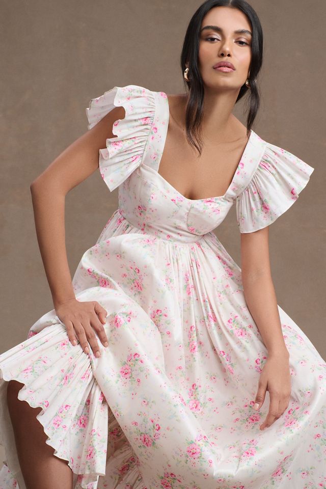 Maison Amory French Chateau Floral Flutter-Sleeve Gown | Anthropologie