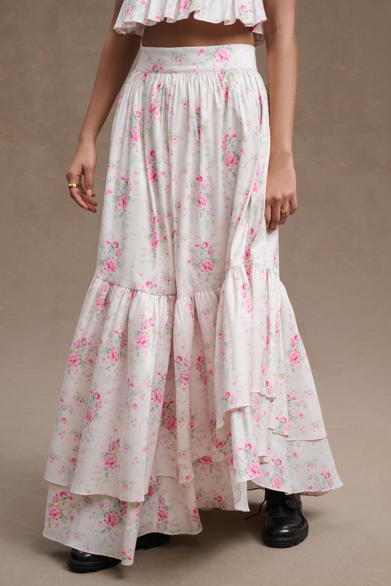 Maison Amory Floral Tiered High-Low Ballgown Skirt