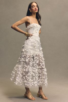 Helsi Audrey Square-neck Floral Applique Sheer Midi Dress In White