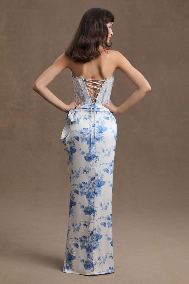 V. Chapman January Wrap-Skirt Lace-Corset Front-Slit Column Gown #2