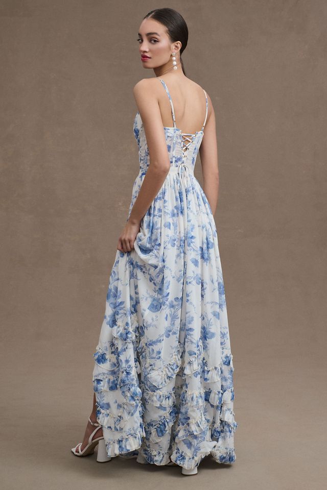 V. Chapman Carmen Corset Front-Slit Ruffled Gown #1