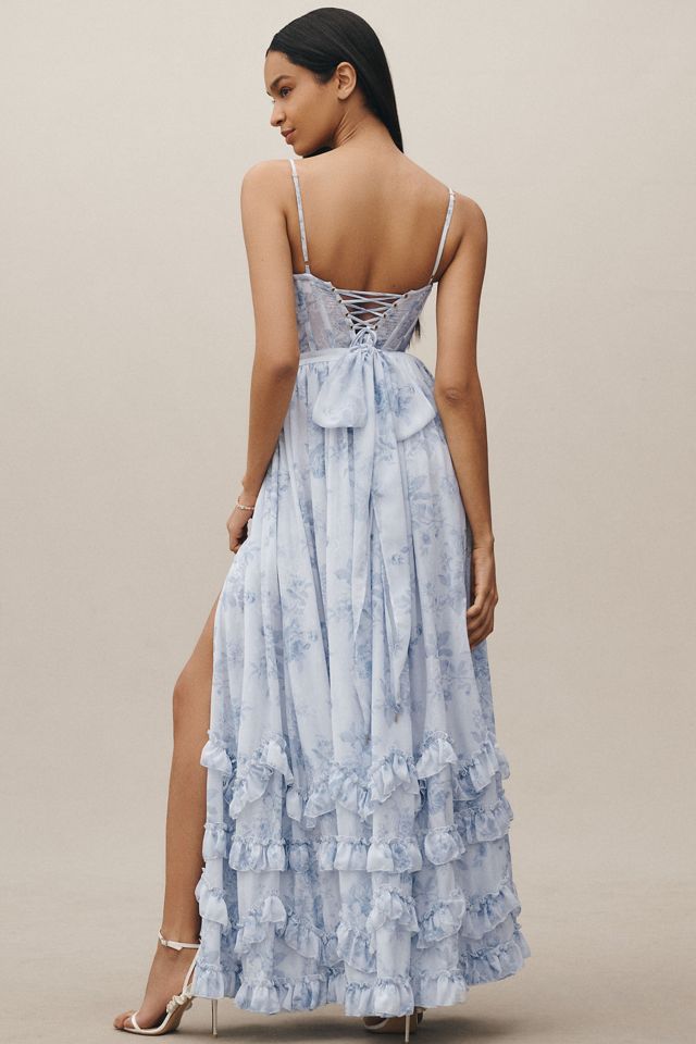 V. Chapman Carmen Corset Front-Slit Ruffled Gown