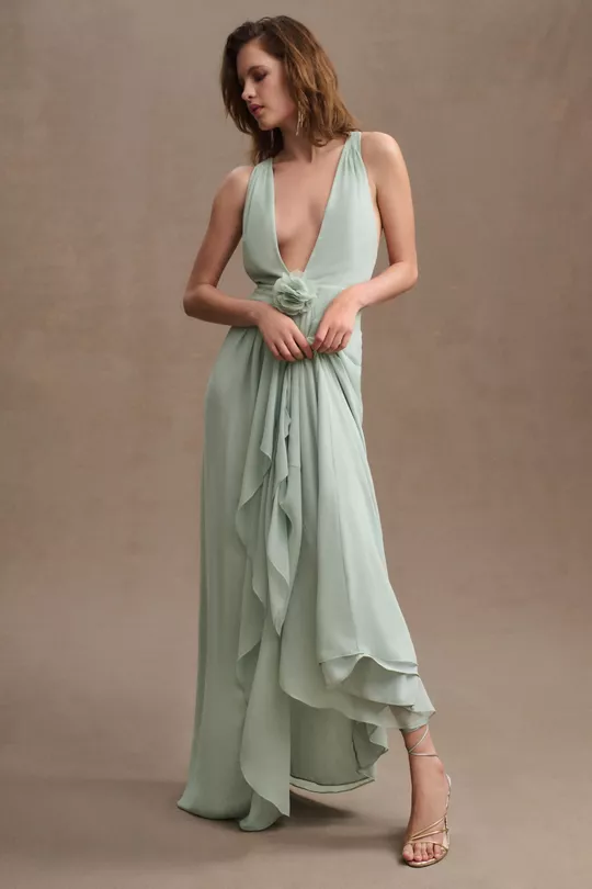 Ronny Kobo Angel Plunge V-Neck Chiffon Gown