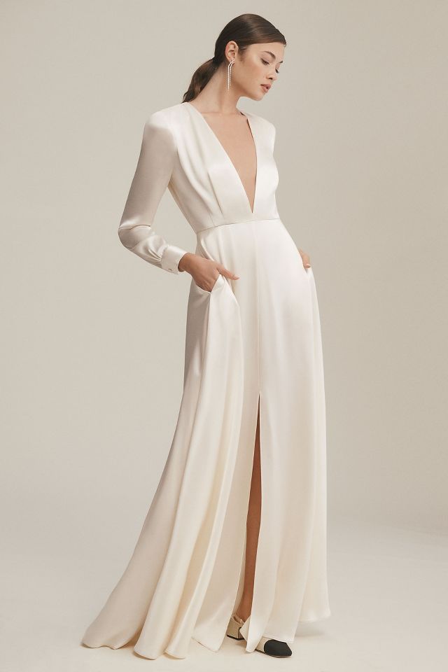 Ronny Kobo Nann Satin V-Neck Long-Sleeve Gown | Anthropologie