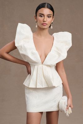 Ronny Kobo Calin Puff-sleeve Peplum Mini Dress In Off White