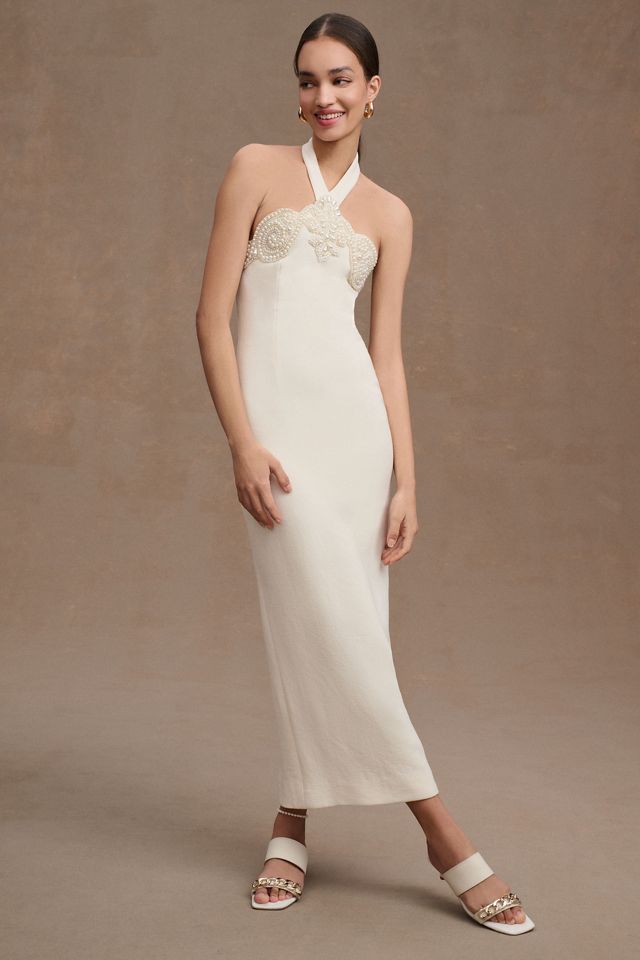 Ronny Kobo Reine Halter Pearl-Embellished Back-Slit Slim Midi Dress #1