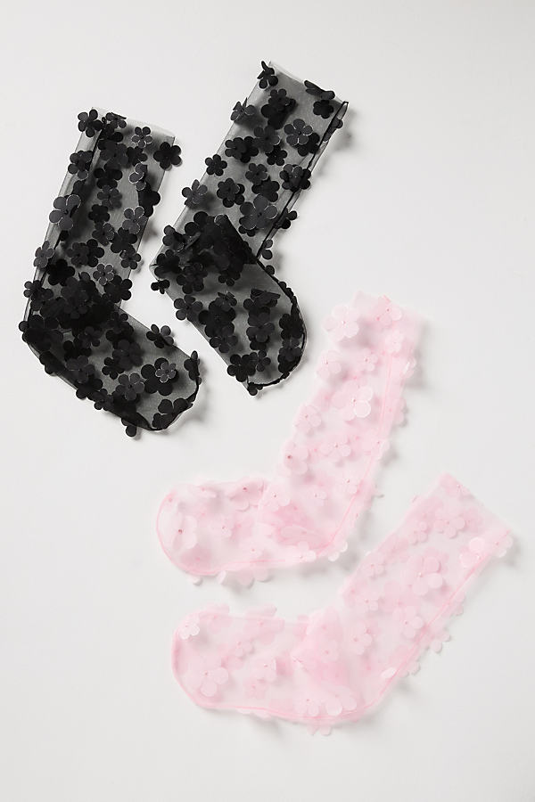 Hansel From Basel Sheer Floral Appliqué Socks, Set Of 2 In Black