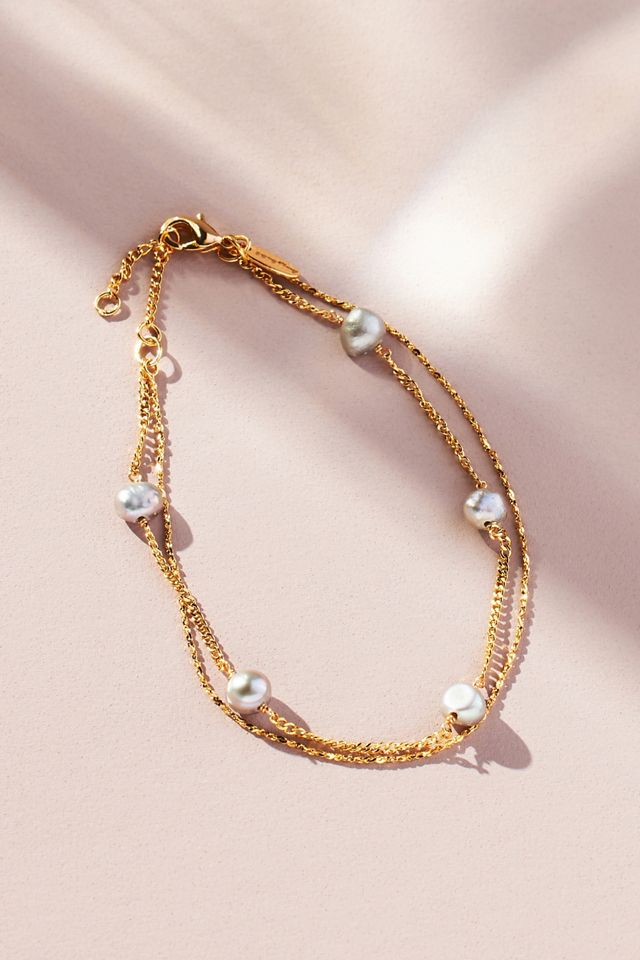 Double Chain & Pearl Fashion Bracelet - Gold Tone