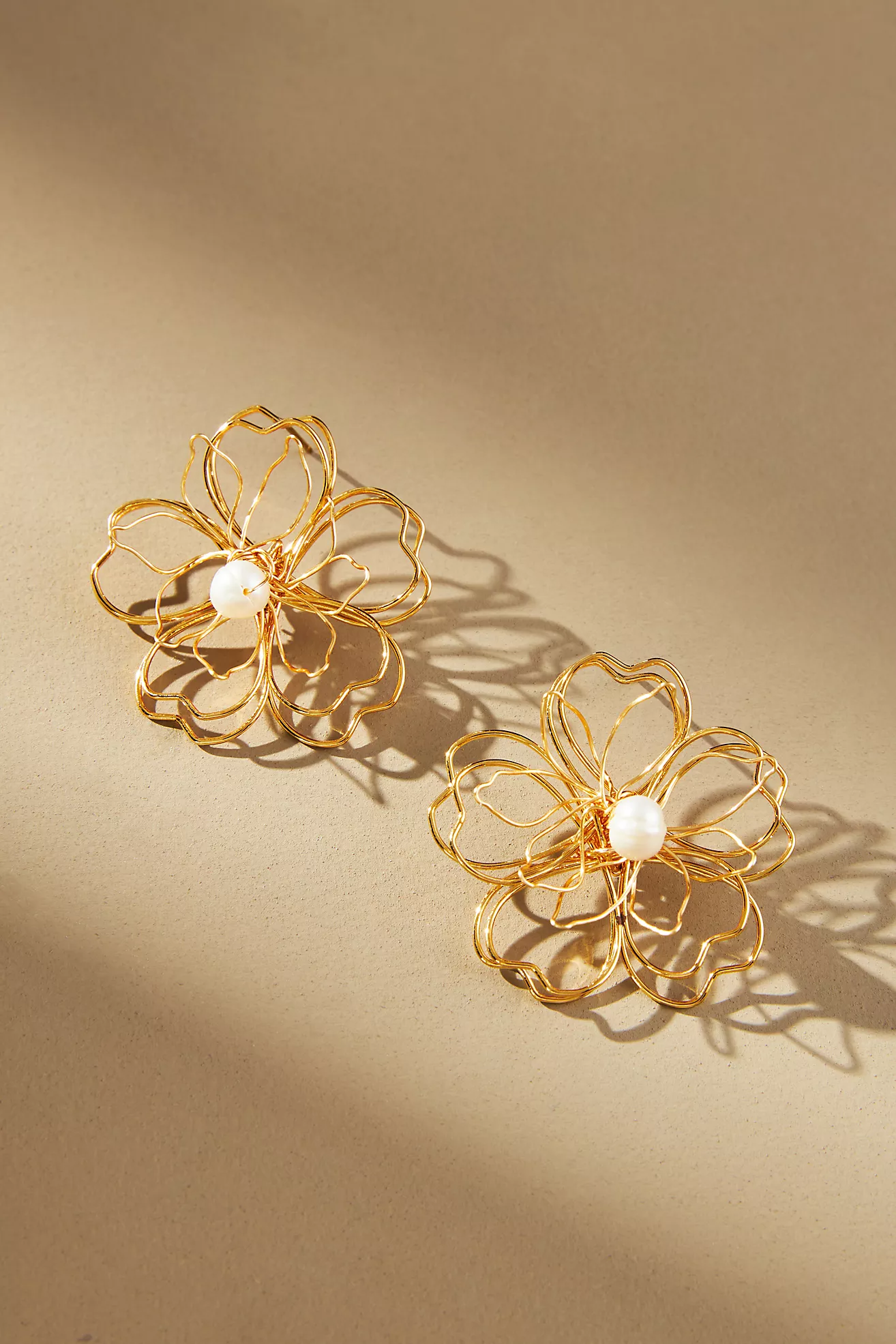 Anthropologie Wire Floral Pearl Stud Earrings
