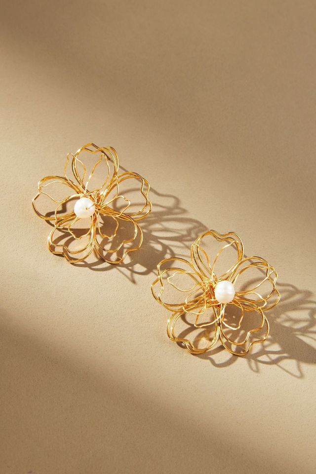 Wire Floral Pearl Stud Earrings | Anthropologie