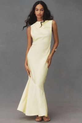 Shop Significant Other Lana Cowl-neck Tie-back Satin Maxi Dress In Yellow