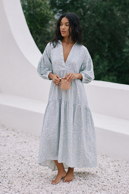 By Anthropologie The Carolita Printed Tiered Shirt Dress In Blue | ModeSens