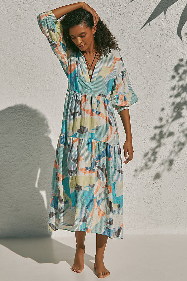 By Anthropologie Printed Tiered Maxi Shirt Dress