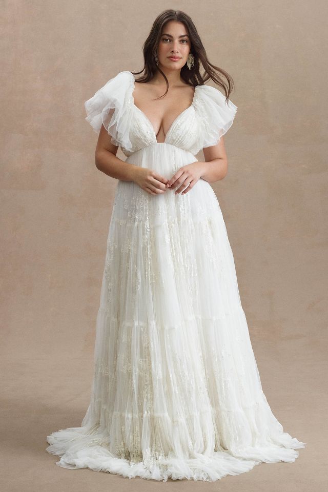 BHLDN Valentina V Neck Flutter Sleeve Empire Waist Wedding Gown