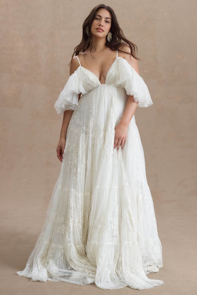 BHLDN Valentina V-Neck Flutter-Sleeve Empire-Waist Wedding Gown, Anthropology Wedding Dresses