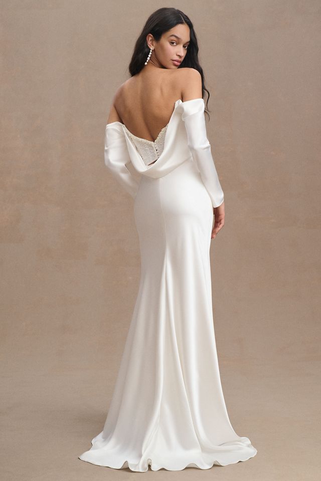 Watters Garance Off-Shoulder Satin Sheath Wedding Gown #1