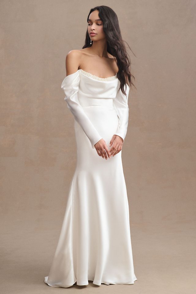 Off the shoulder satin wedding dress