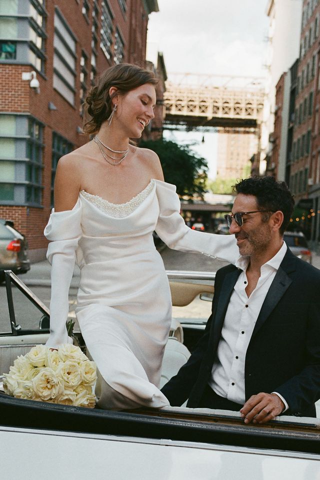 Watters Garance Off-Shoulder Satin Sheath Wedding Gown | Anthropologie