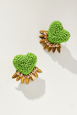 Deepa Gurnani Danika Beaded Fringe Heart Stud Earrings In Green