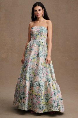 Mac Duggal Floral Brocade Strapless A Line Gown In Multicolor
