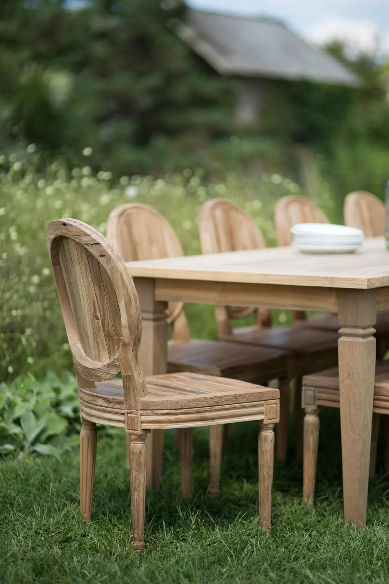 Two oval-back chairs at a wooden table in a field