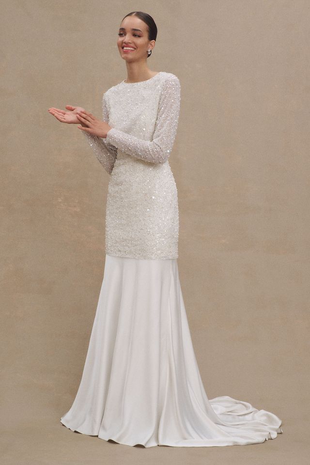 bhldn josie long-sleeve sequined mini dress BHLDN Josie Long-Sleeve Sequined Mini Dress