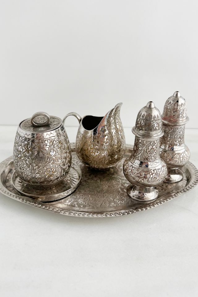Old Flame Candle Co. Vintage Silver Floral Etched Conidment Set with