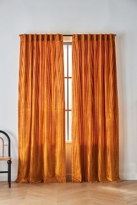 Anthropologie Fiora Ribbed Velvet Curtain By  In Yellow Size 50x84