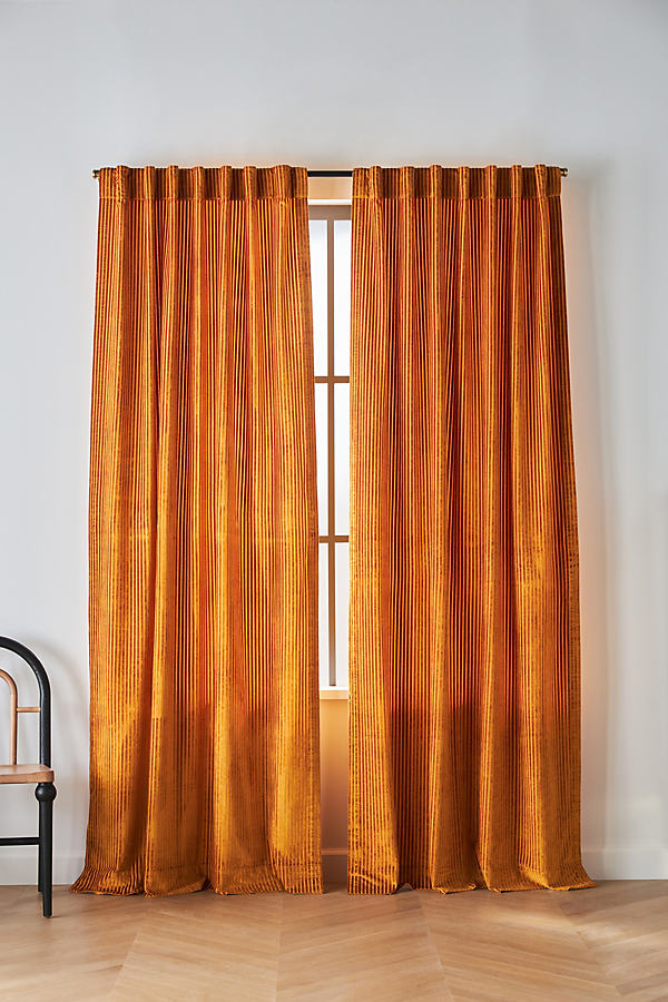 Anthropologie Fiora Ribbed Velvet Curtain By  In Yellow Size 50" X 96"
